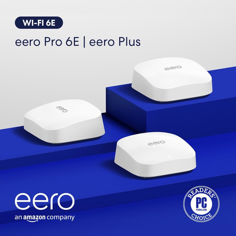 Amazon eero Pro 6E mesh wifi system - Supports internet plans up to 2.5 Gbps, Coverage up to 6,000 sq. ft., Connect 100+ devices, 3-pack