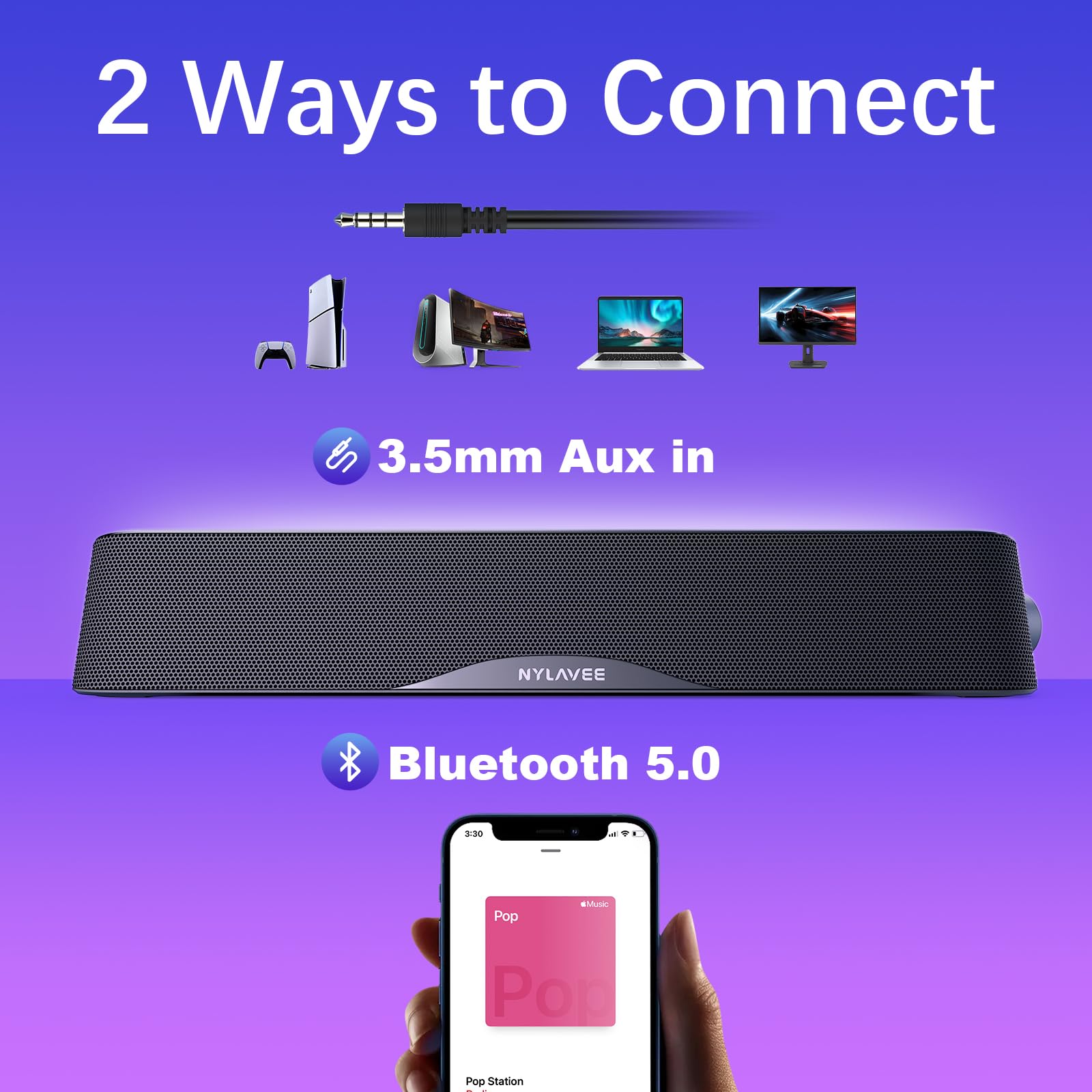 Nylavee Computer Speakers, Hi-Fi Stereo Computer Sound Bar with Bluetooth & 3.5mm Aux, USB/USB-C Powered for Desktop PC, Laptop & Monitor, Built-in Mic and Headphone Jack