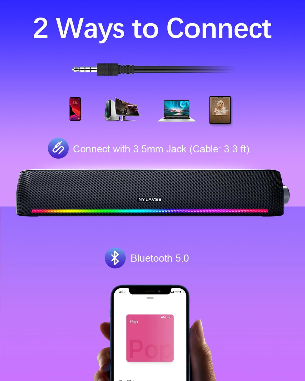 Nylavee Computer Speakers, Hi-Fi Stereo Computer Sound Bar with Bluetooth & 3.5mm Aux, USB/USB-C Powered for Desktop PC, Laptop & Monitor, Built-in Mic and Headphone Jack