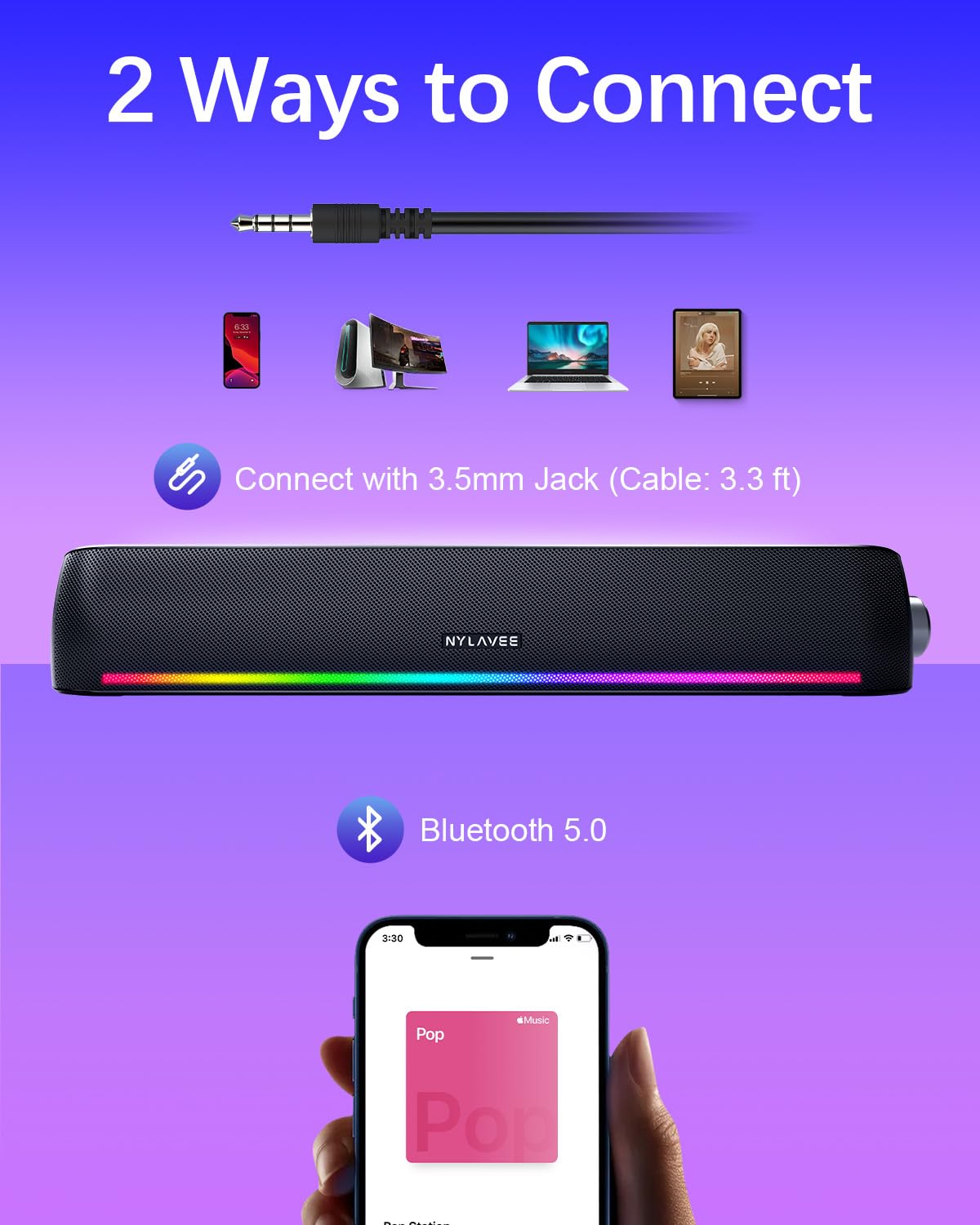 Nylavee Computer Speakers, Hi-Fi Stereo Computer Sound Bar with Bluetooth & 3.5mm Aux, USB/USB-C Powered for Desktop PC, Laptop & Monitor, Built-in Mic and Headphone Jack