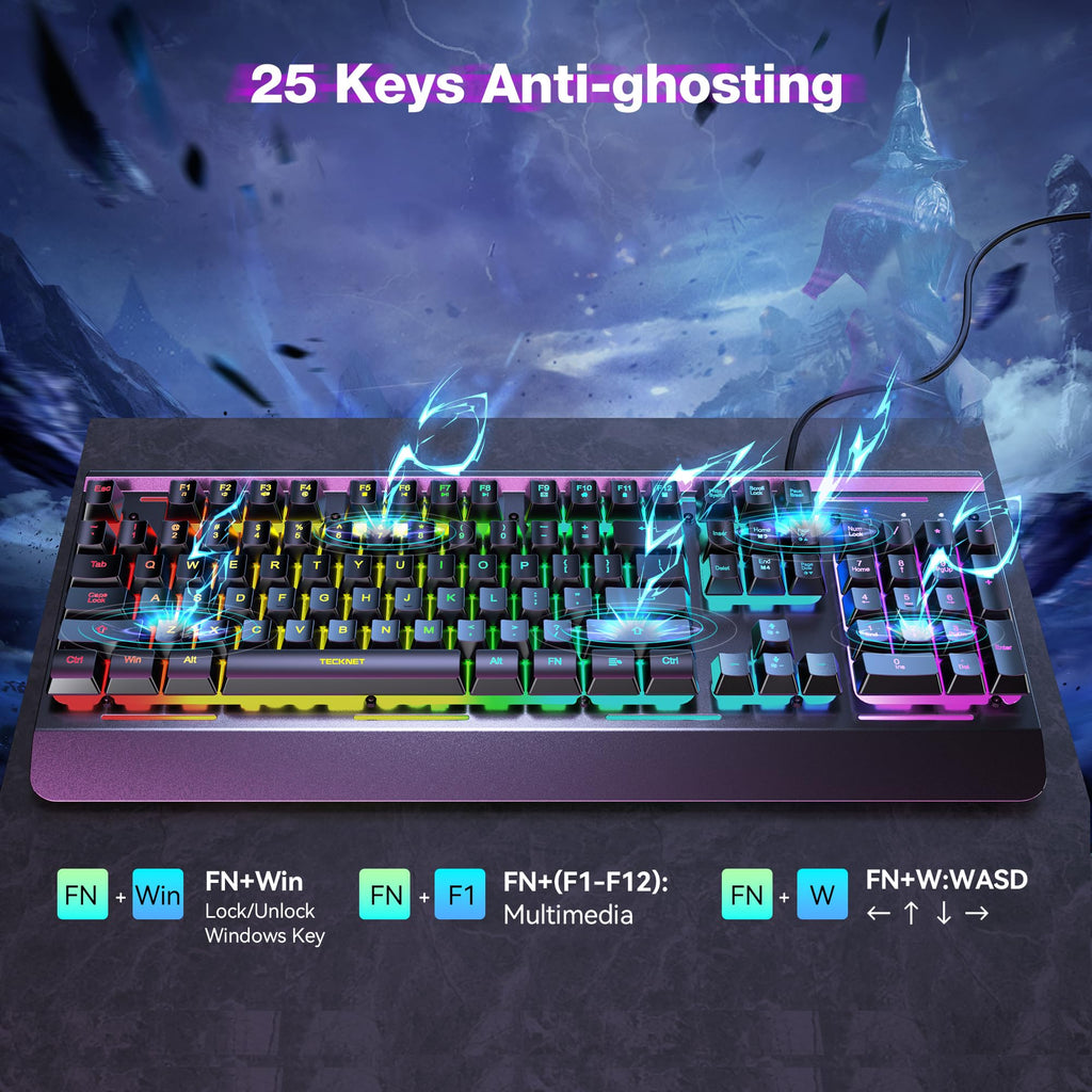 TECKNET Wired Gaming Keyboard, USB Wired Computer Keyboard, 15-Zone RGB Illumination, IP32 Water Resistance, 25 Anti-ghosting Keys, All-Metal Panel (Whisper Quiet Design)