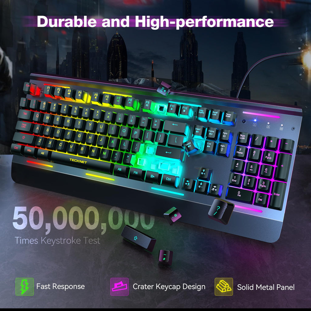 TECKNET Wired Gaming Keyboard, USB Wired Computer Keyboard, 15-Zone RGB Illumination, IP32 Water Resistance, 25 Anti-ghosting Keys, All-Metal Panel (Whisper Quiet Design)