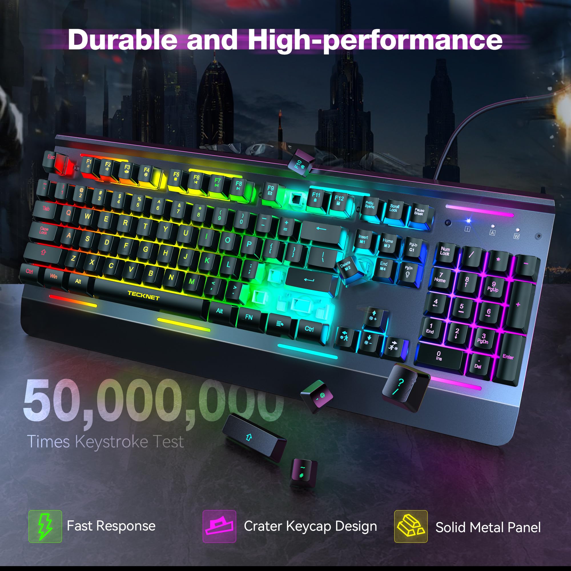 TECKNET Wired Gaming Keyboard, USB Wired Computer Keyboard, 15-Zone RGB Illumination, IP32 Water Resistance, 25 Anti-ghosting Keys, All-Metal Panel (Whisper Quiet Design)