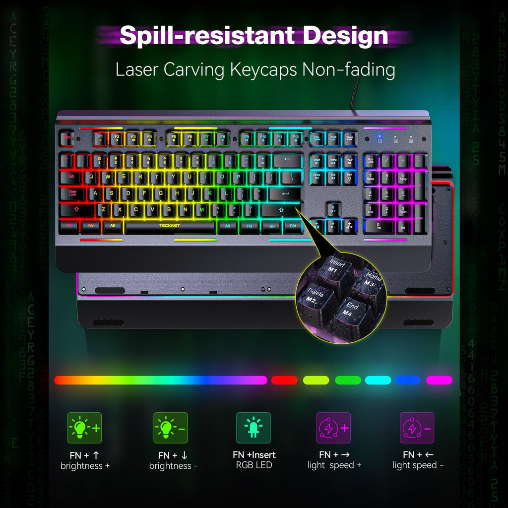 TECKNET Wired Gaming Keyboard, USB Wired Computer Keyboard, 15-Zone RGB Illumination, IP32 Water Resistance, 25 Anti-ghosting Keys, All-Metal Panel (Whisper Quiet Design)