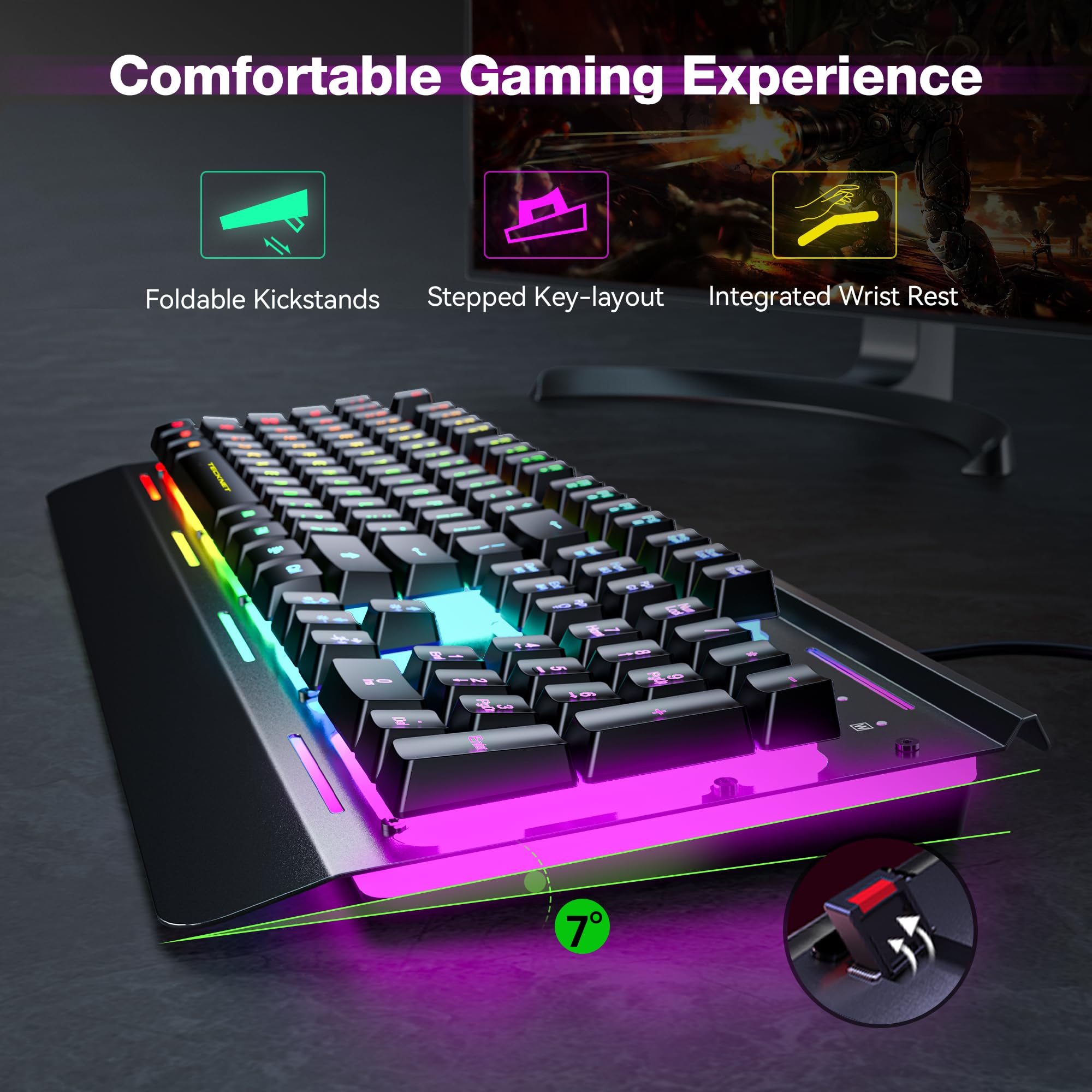 TECKNET Wired Gaming Keyboard, USB Wired Computer Keyboard, 15-Zone RGB Illumination, IP32 Water Resistance, 25 Anti-ghosting Keys, All-Metal Panel (Whisper Quiet Design)