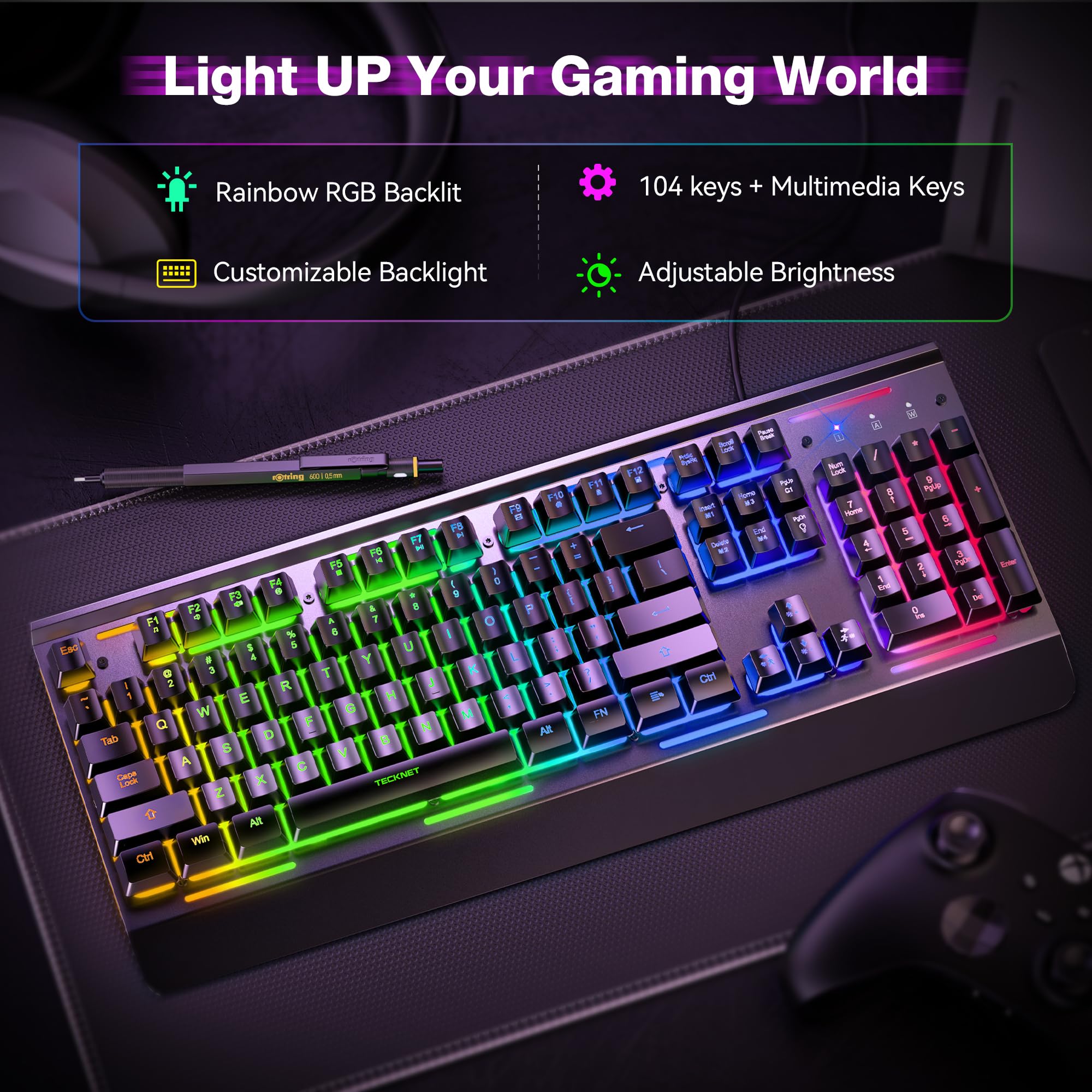 TECKNET Wired Gaming Keyboard, USB Wired Computer Keyboard, 15-Zone RGB Illumination, IP32 Water Resistance, 25 Anti-ghosting Keys, All-Metal Panel (Whisper Quiet Design)