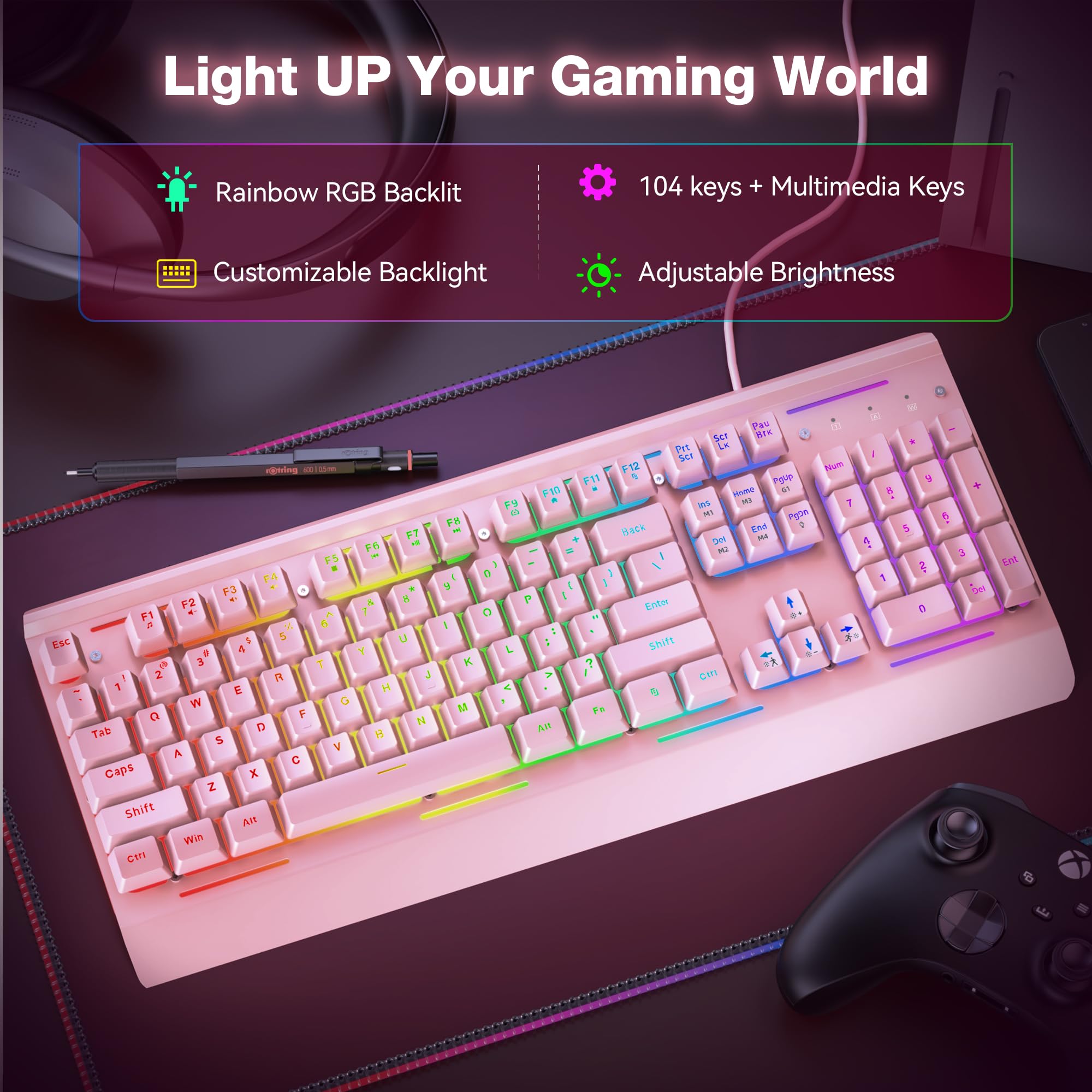 TECKNET Wired Gaming Keyboard, USB Wired Computer Keyboard, 15-Zone RGB Illumination, IP32 Water Resistance, 25 Anti-ghosting Keys, All-Metal Panel (Whisper Quiet Design)