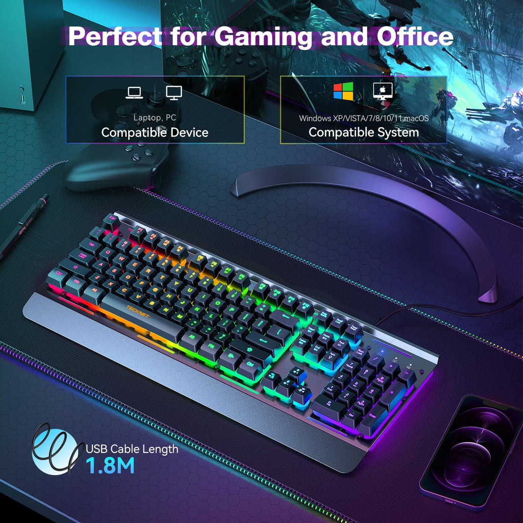 TECKNET Wired Gaming Keyboard, USB Wired Computer Keyboard, 15-Zone RGB Illumination, IP32 Water Resistance, 25 Anti-ghosting Keys, All-Metal Panel (Whisper Quiet Design)